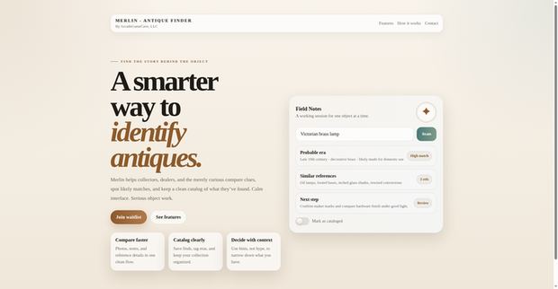 Merlin Antique Finder homepage